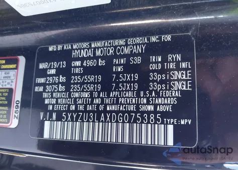 2013 Hyundai Santa Fe Sport 2.0T из США, поврежденный, VIN 5XYZU3LAXDG075385